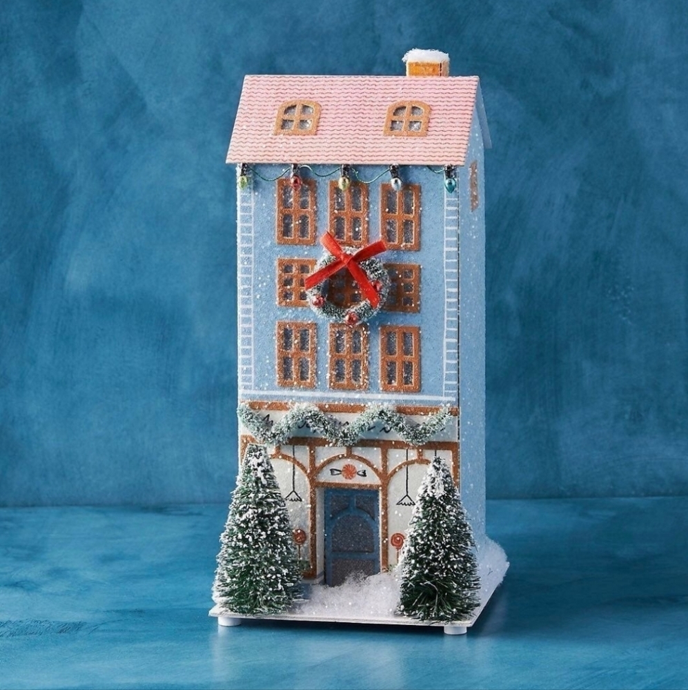 Anthropologie George & Viv Light-up Holiday Village - sweet shop - blue